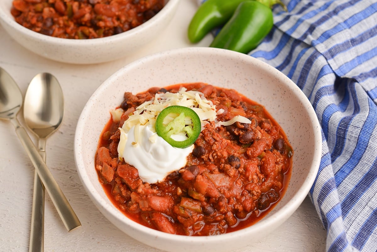 angled shot of bowl of instant pot chili