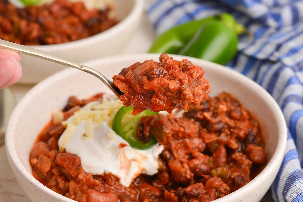 bite of chili on spoon