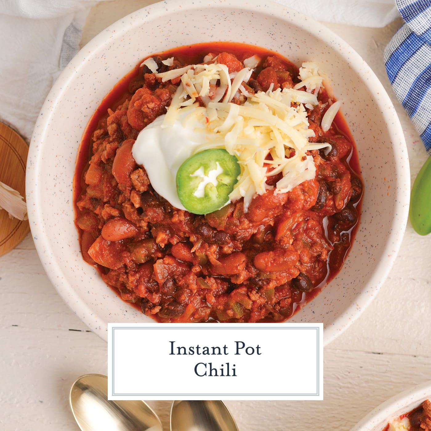 overhead shot of bowl of instant pot chili with text overlay for facebook