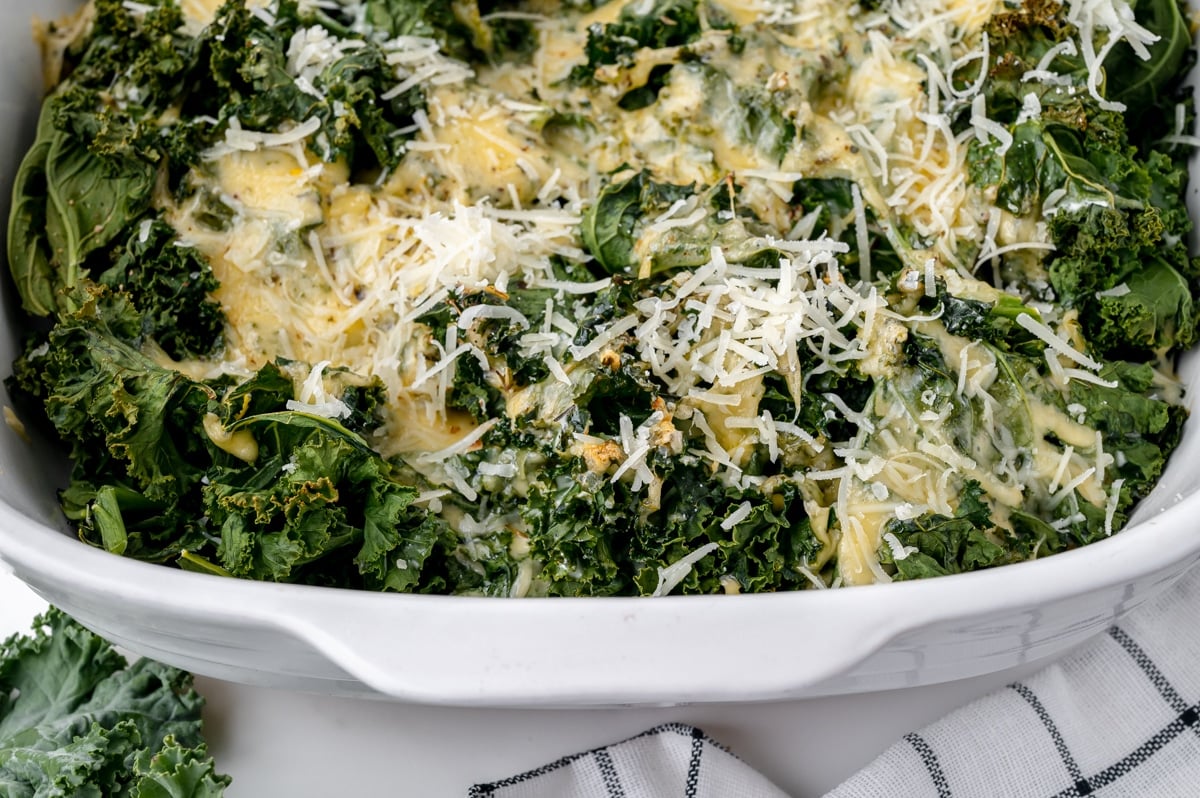 angled shot of kale gratin in pan