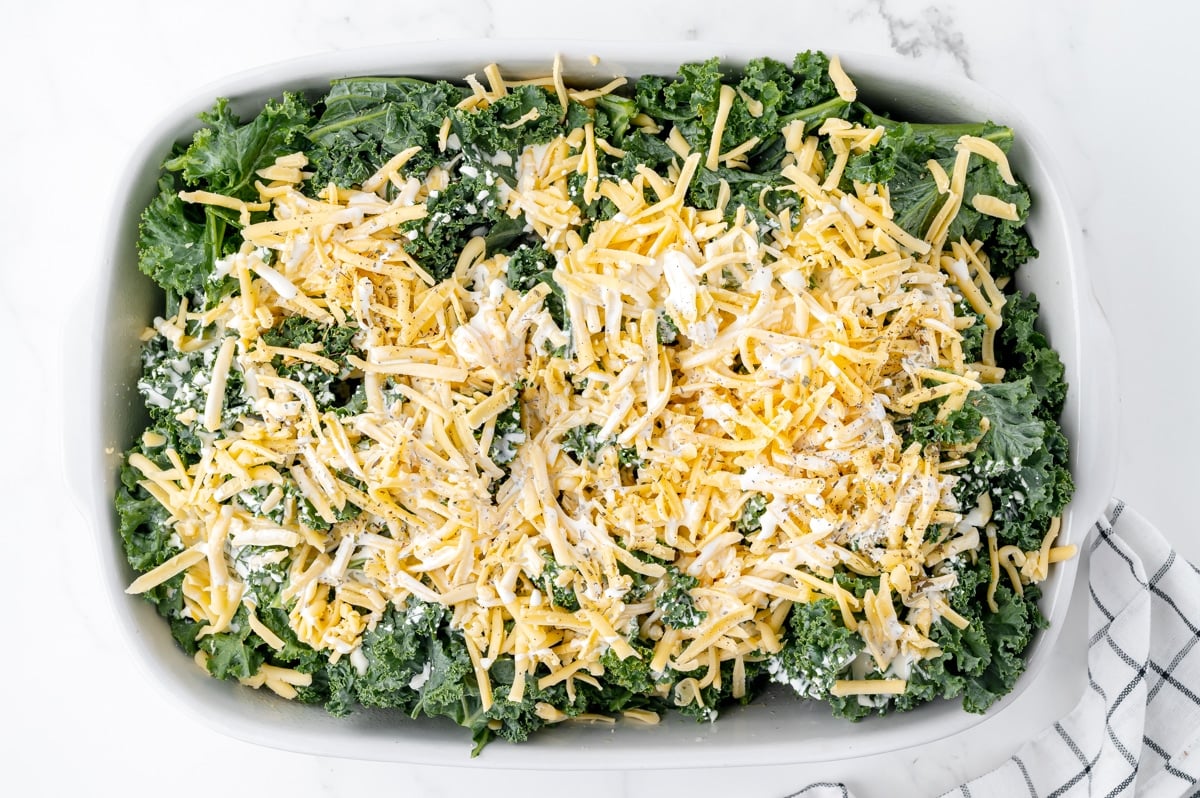 seasoning sprinkled over raw kale and cheese