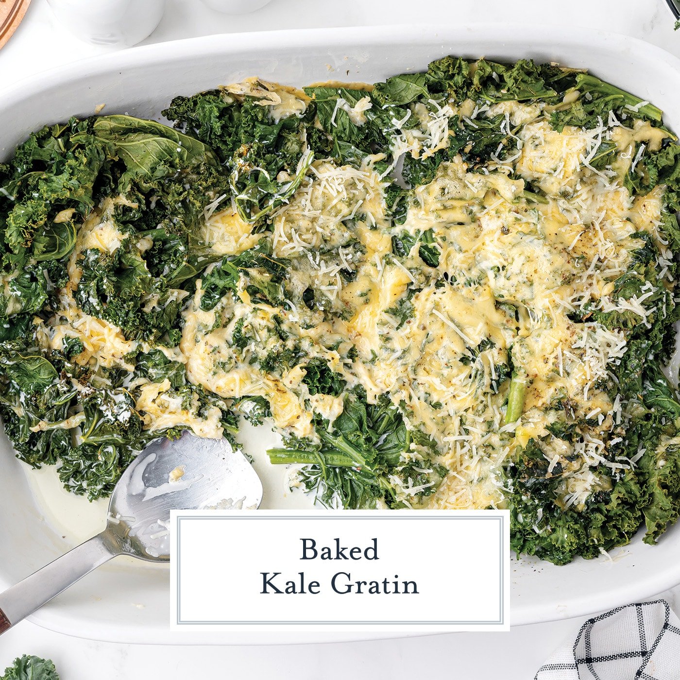 overhead shot of kale gratin in pan with serving spoon with text overlay for facebook