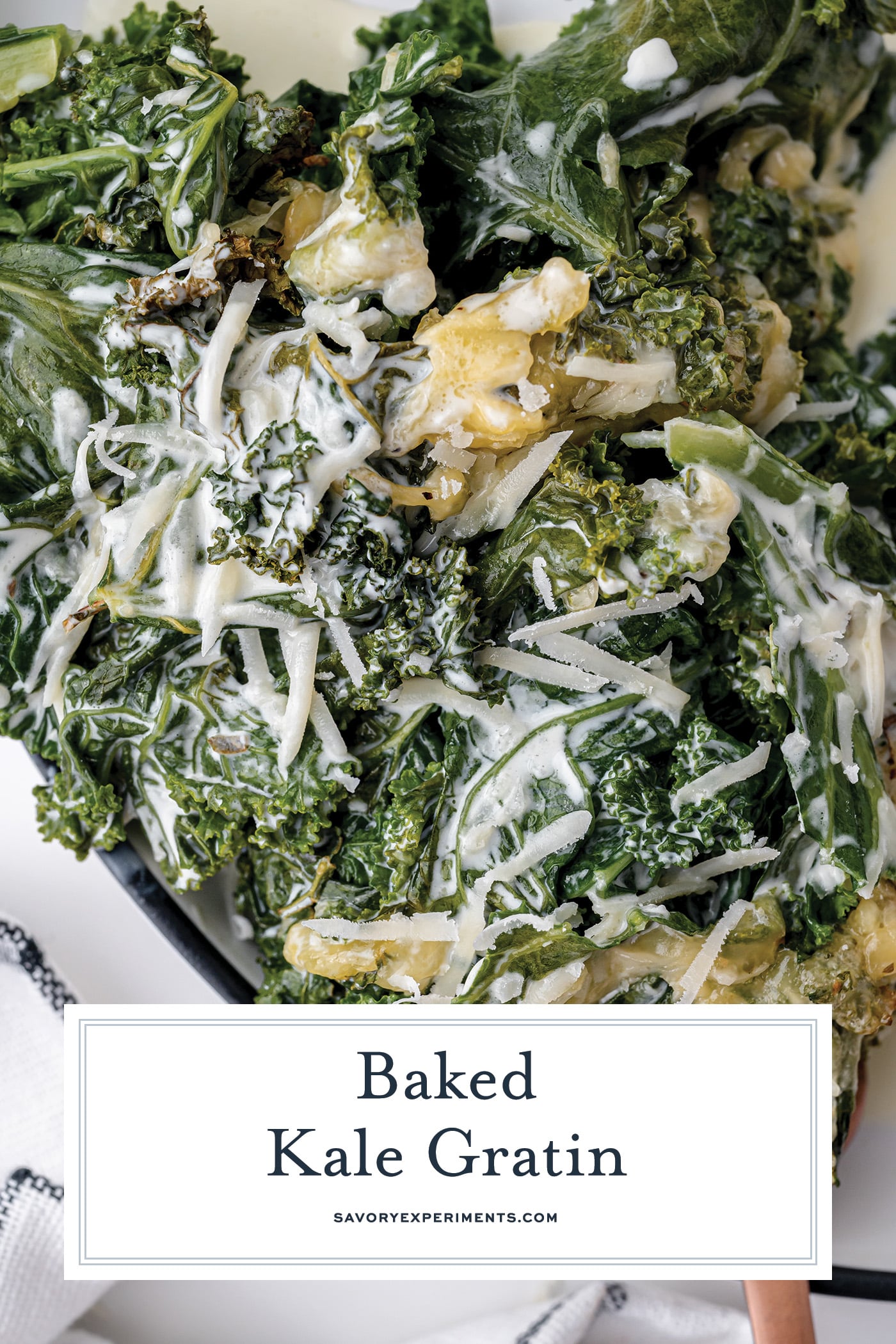 close up overhead shot of kale gratin in a pan with text overlay for pinterest