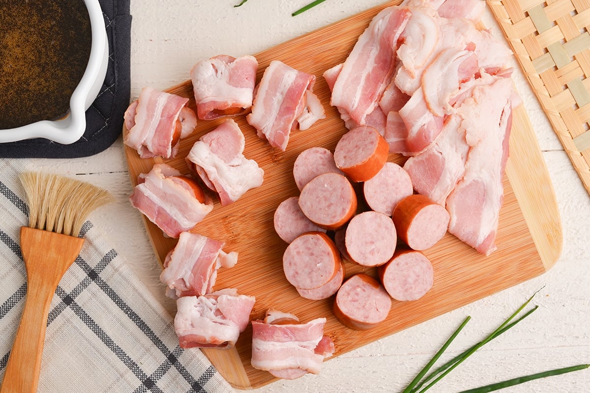 overhead shot of brown sugar bacon wrapped kielbasa bites ingredients