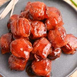 close up of kielbasa bites on a plate