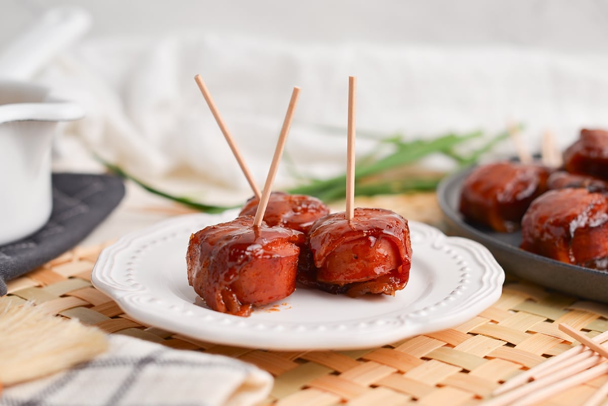 straight on shot of three kielbasa bites on a plate