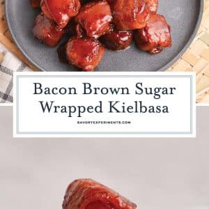 collage of brown sugar bacon wrapped kielbasa bites for pinterest