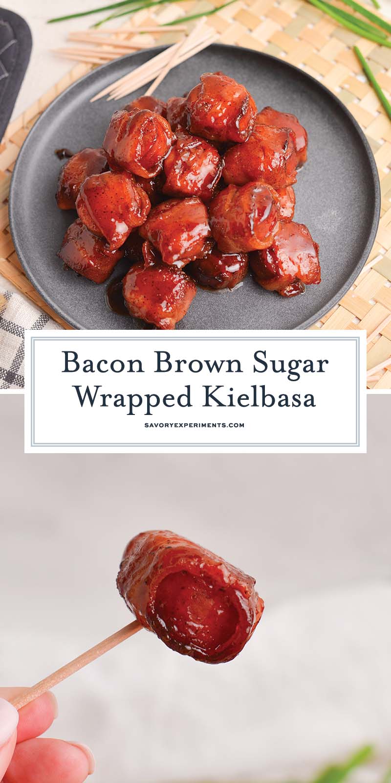 collage of brown sugar bacon wrapped kielbasa bites for pinterest