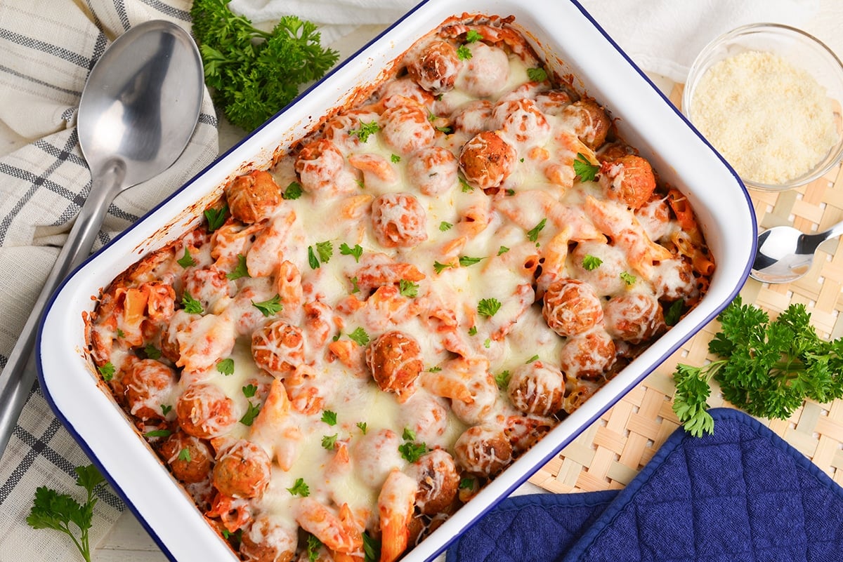 melted cheese on a meatball casserole