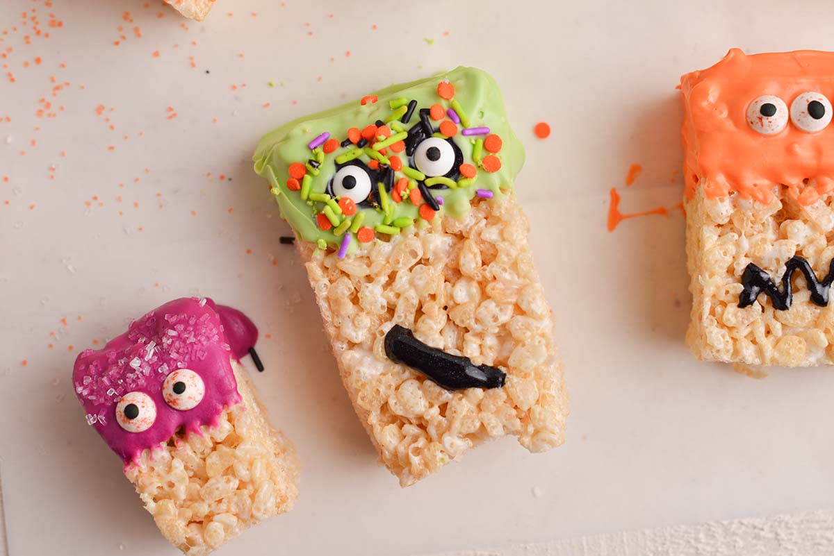 overhead shot of three monster rice krispie treats