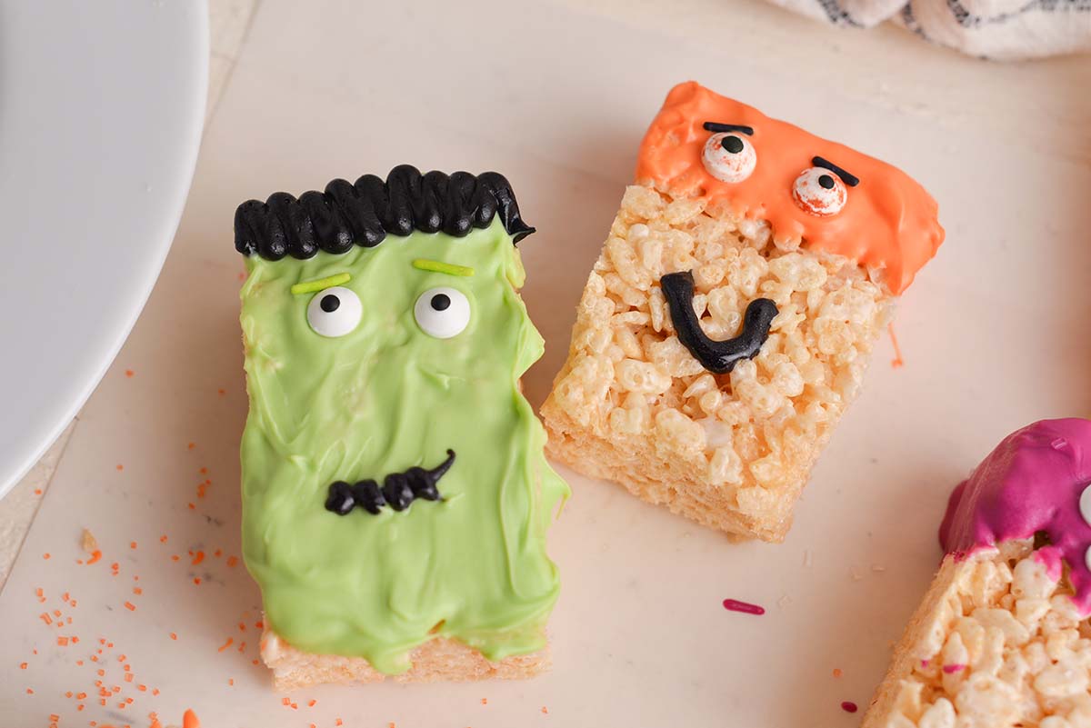 two frankenstein rice krispie treats