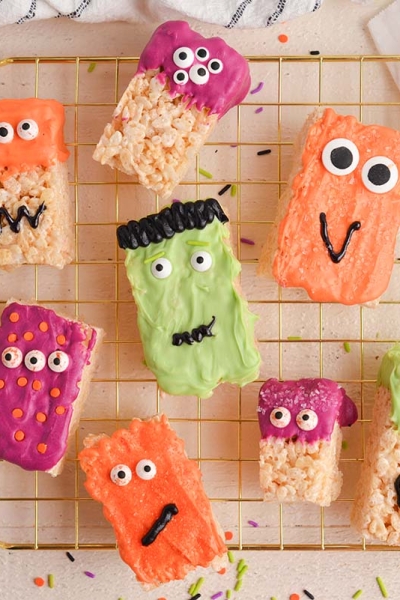 overhead shot of monster rice krispie treats on a cooling rack