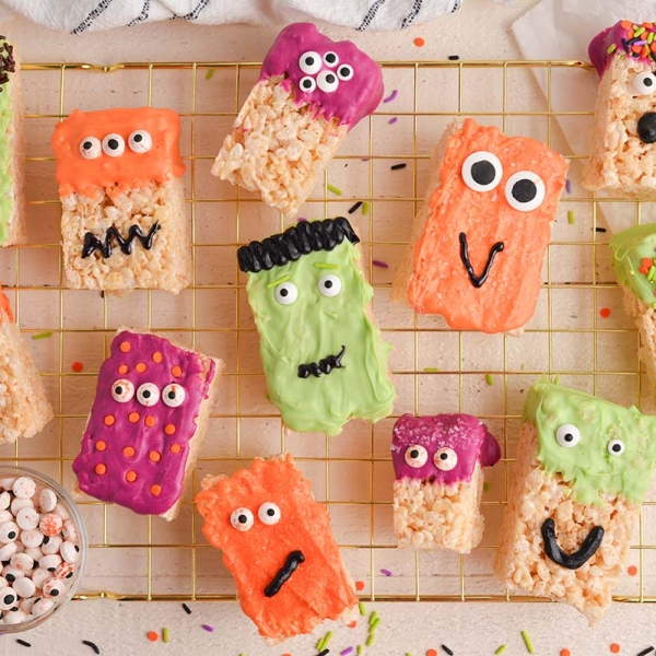 overhead shot of monster rice krispie treats on a cooling rack