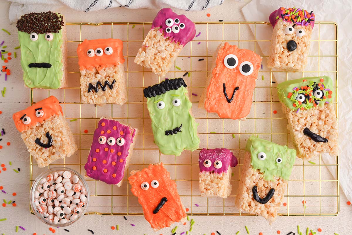 overhead shot of monster rice krispie treats on a cooling rack