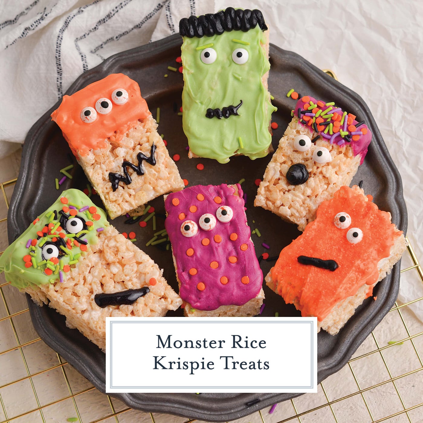 angled shot of plate of monster rice krispie treats with text overlay for facebook