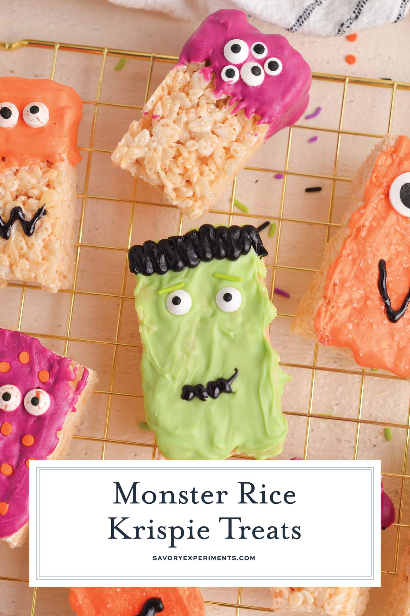overhead shot of monster rice krispie treats on cooling rack with text overlay for pinterest