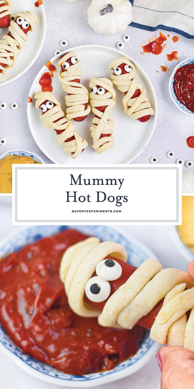 collage of hot dog mummies for pinterest
