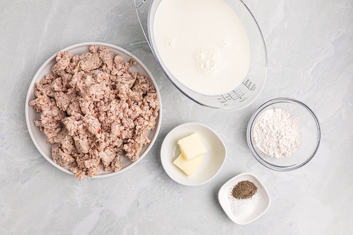 overhead shot of sausage gravy ingredients