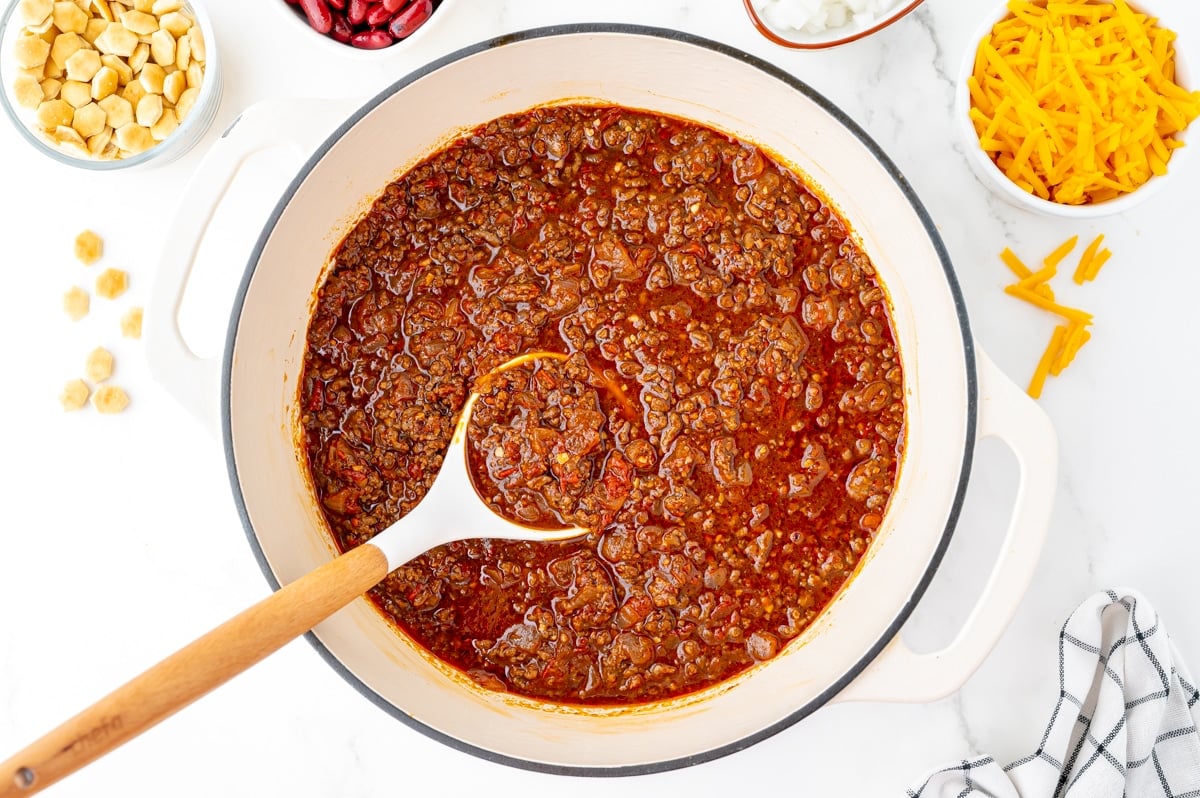 overhead shot of pot of skyline chili