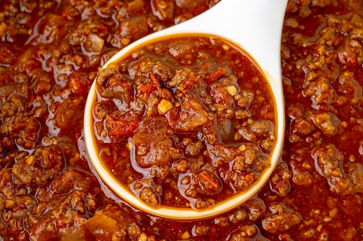 ladle in pot of skyline chili