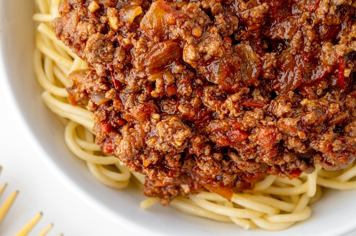 close up of chili over pasta