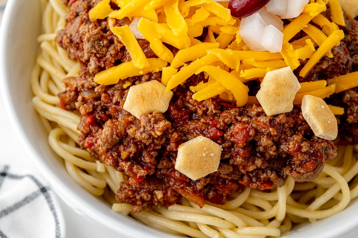 angled close up shot of bowl of skyline chili