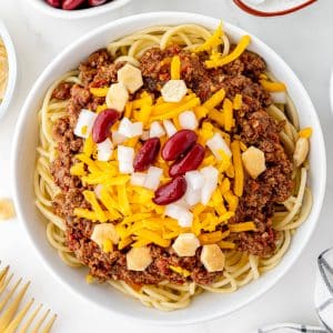 overhead shot of skyline chili in a bowl