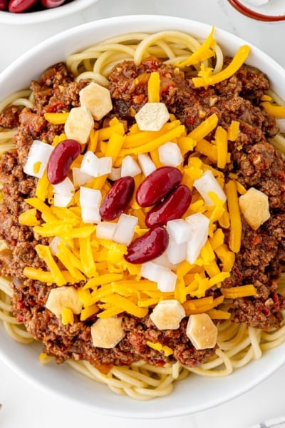 overhead shot of skyline chili in a bowl