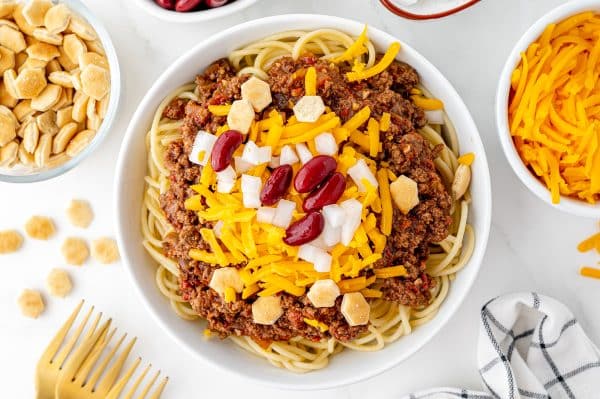 overhead shot of skyline chili in a bowl