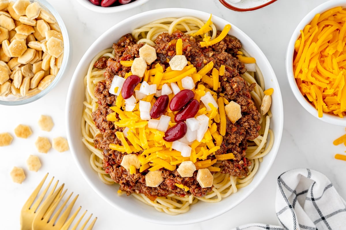 overhead shot of skyline chili in a bowl