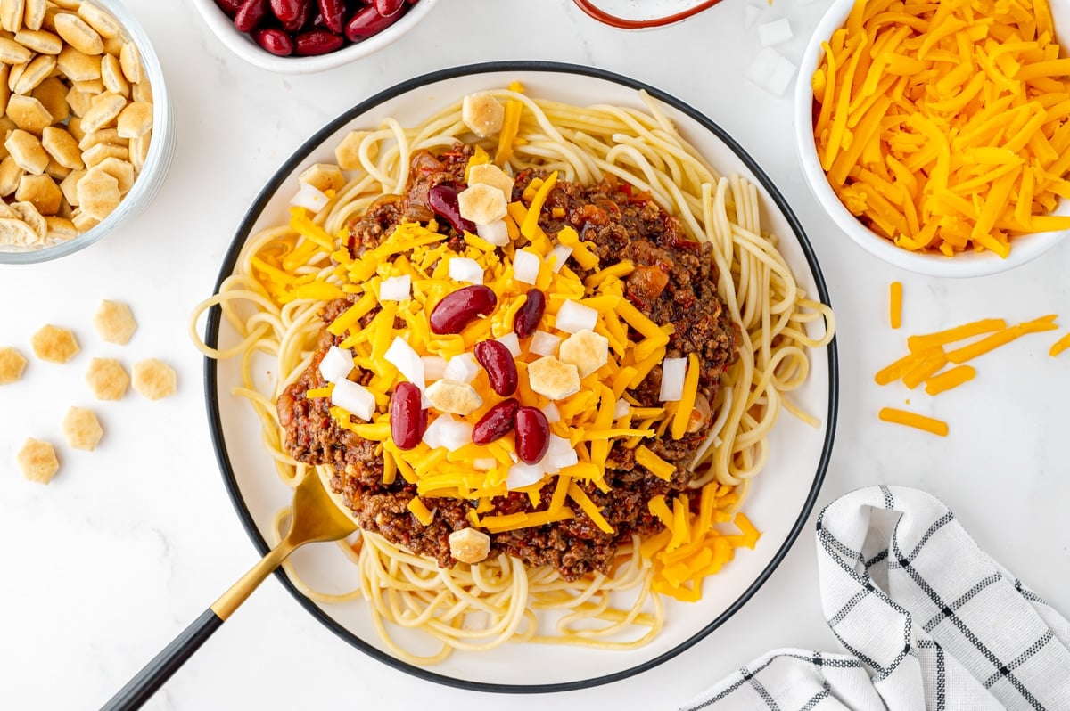 overhead shot of bowl of skyline chili