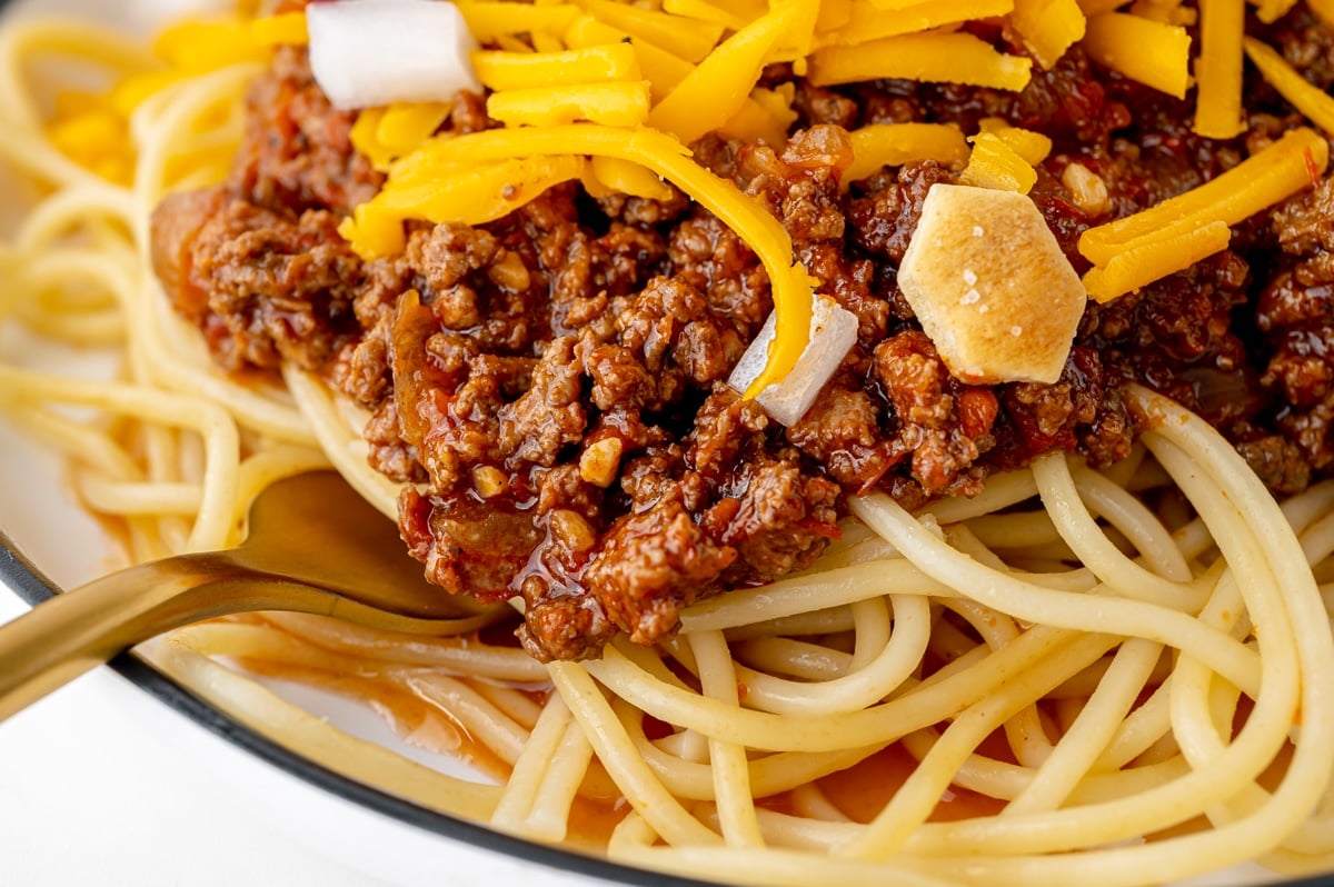close up of fork in skyline chili