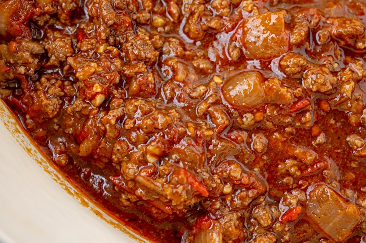 close up of chili in a pot