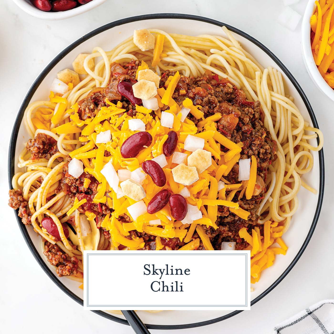 overhead shot of plate of skyline chili with text overlay for facebook