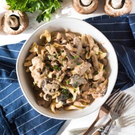 overhead shot of bowl of beef stroganoff