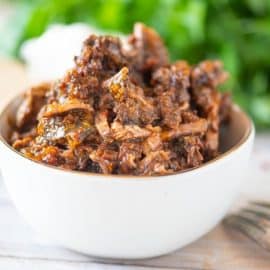 straight on shot of bowl of barbacoa beef