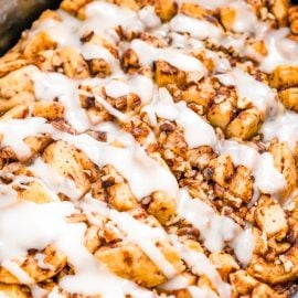 angled shot of cinnamon roll casserole