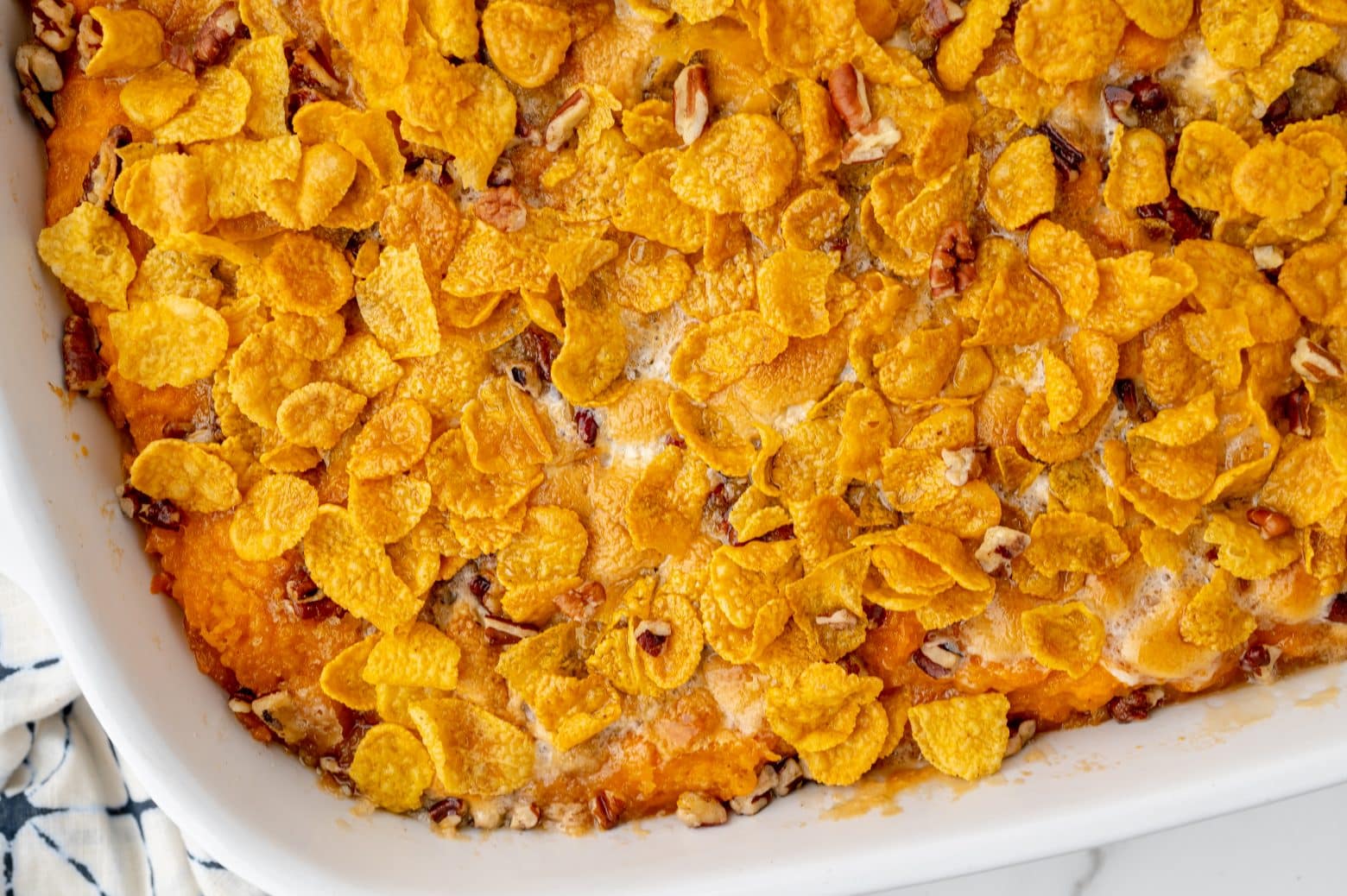 close up of topping on sweet potato casserole