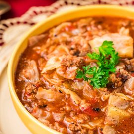 angled shot of cabbage roll soup