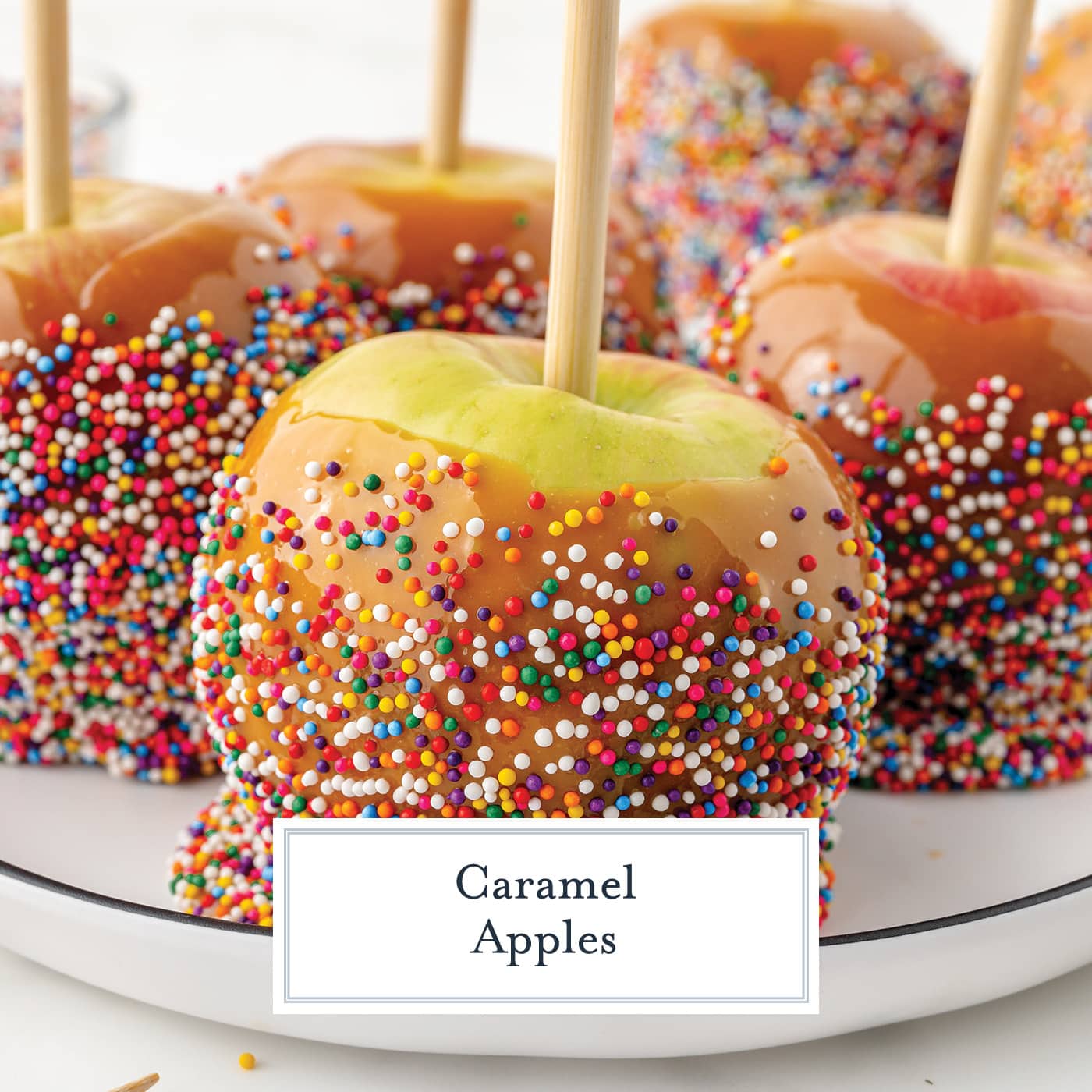 plate of caramel apples with text overlay for facebook