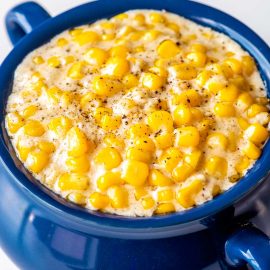 angled shot of bowl of creamed corn