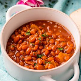 angled shot of bowl of baked beans