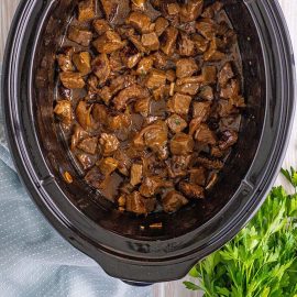 overhead shot of crockpot steak bites