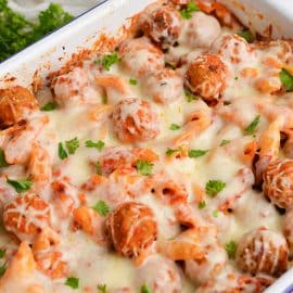 angle of cheesy meatball casserole