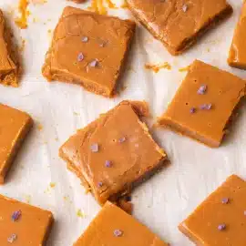 overhead shot of squares of salted caramel fudge