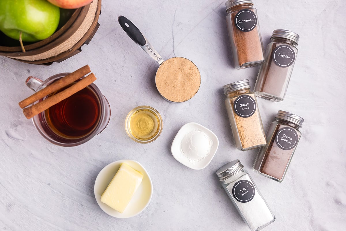 overhead shot of apple cider syrup ingredients