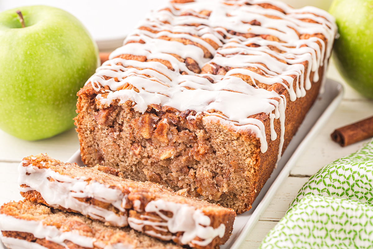 close up angled shot of sliced apple bread