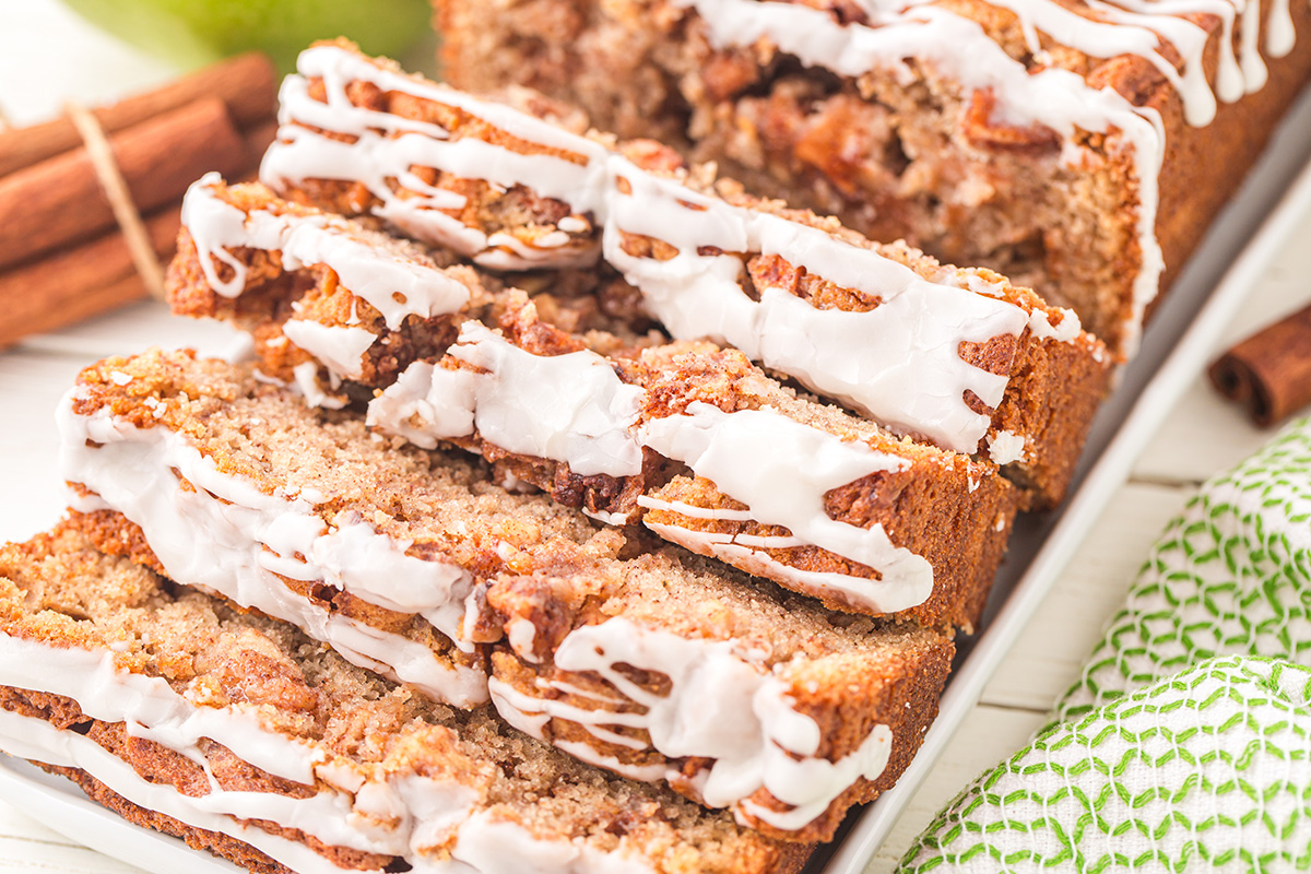 close up of apple bread slices