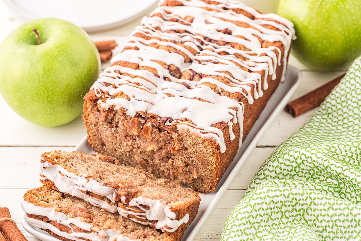 angled shot of sliced apple bread