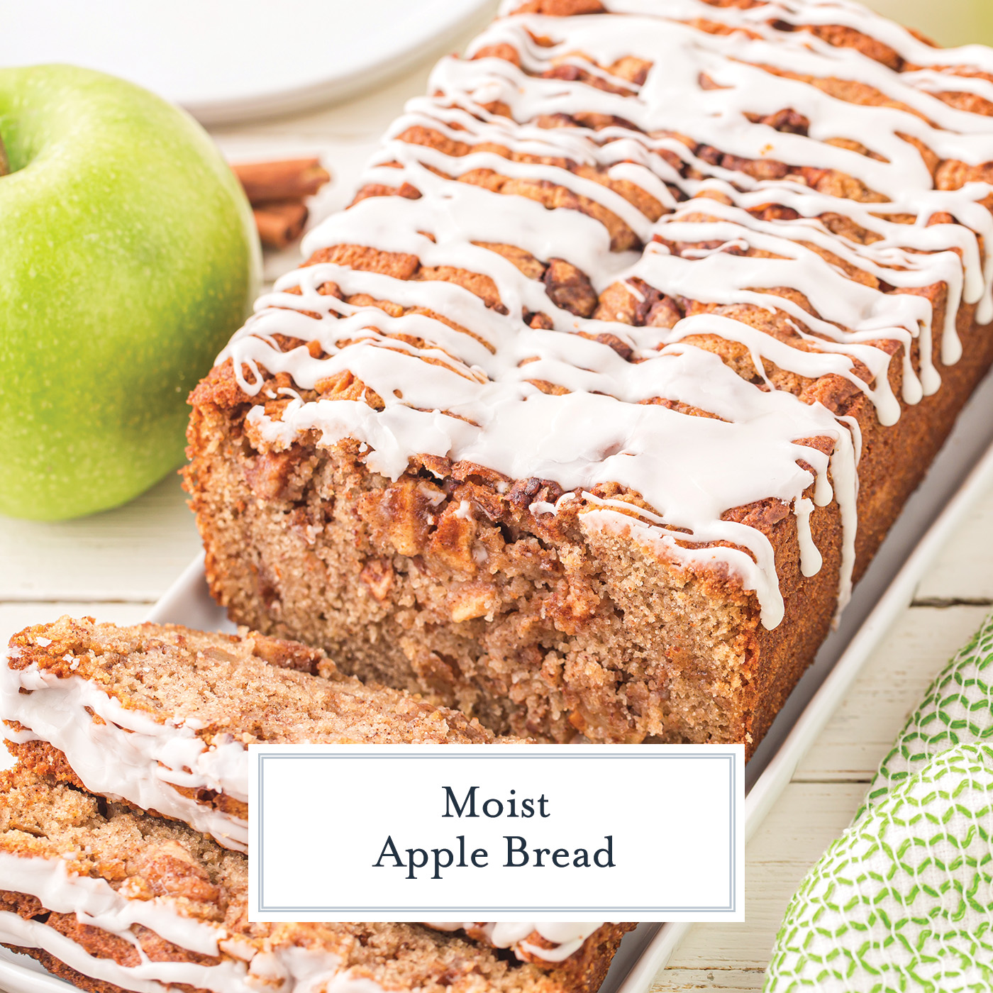 angled shot of sliced apple bread with text overlay for facebook